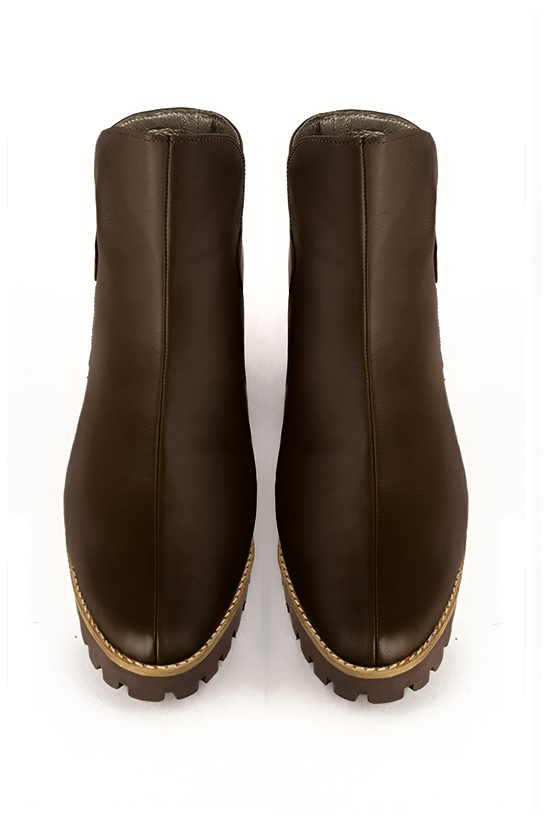 Dark brown women's ankle boots with buckles at the back. Round toe. Low rubber soles. Top view - Florence KOOIJMAN